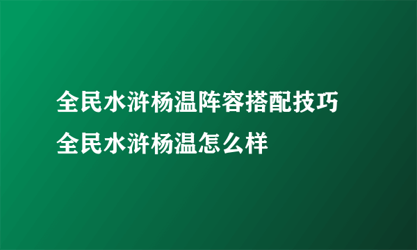 全民水浒杨温阵容搭配技巧 全民水浒杨温怎么样