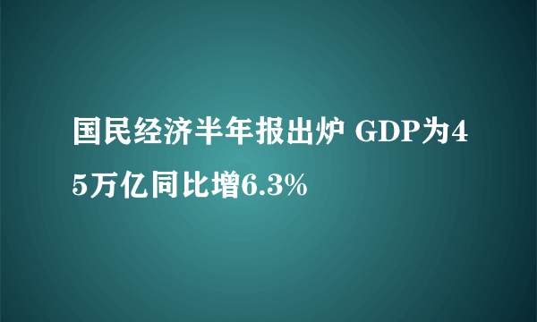 国民经济半年报出炉 GDP为45万亿同比增6.3%