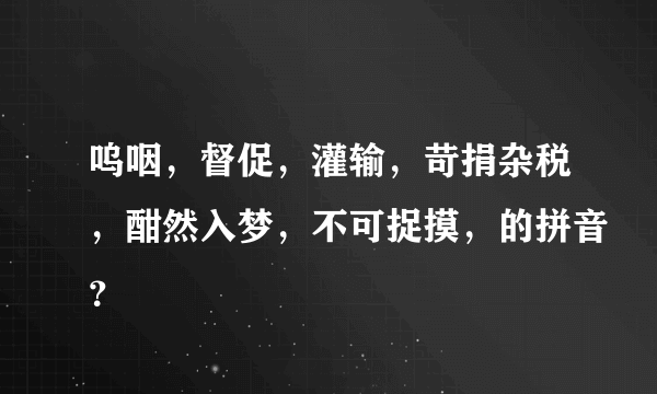 呜咽，督促，灌输，苛捐杂税，酣然入梦，不可捉摸，的拼音？