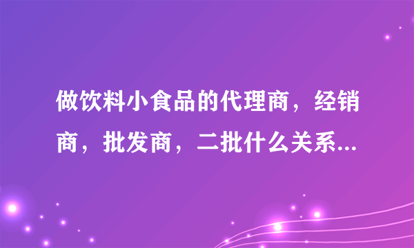 做饮料小食品的代理商，经销商，批发商，二批什么关系啊？能说下康师傅的销售模式吗？想做往商店网吧kt